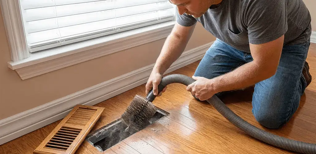 Air duct cleaning technician vacuuming a floor vent and duct opening in Albuquerque, NM