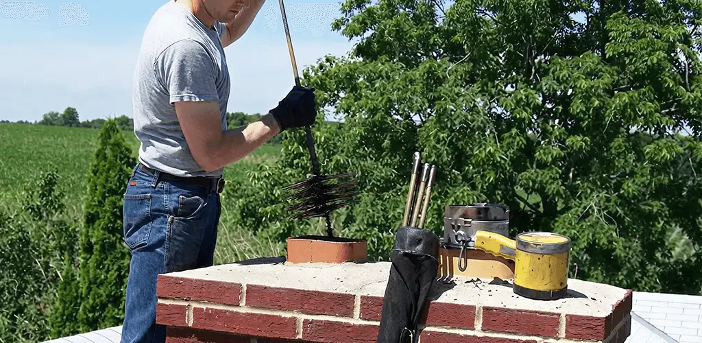 Chimney cleaning technician working on a rooftop chimney with professional tools in Albuquerque, NM