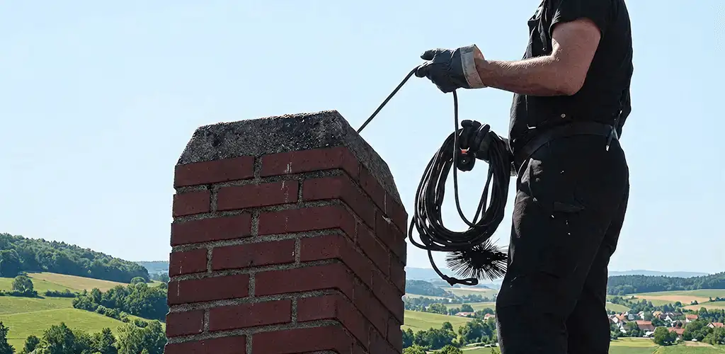 Chimney sweep inspecting and cleaning a rooftop chimney in Albuquerque, NM