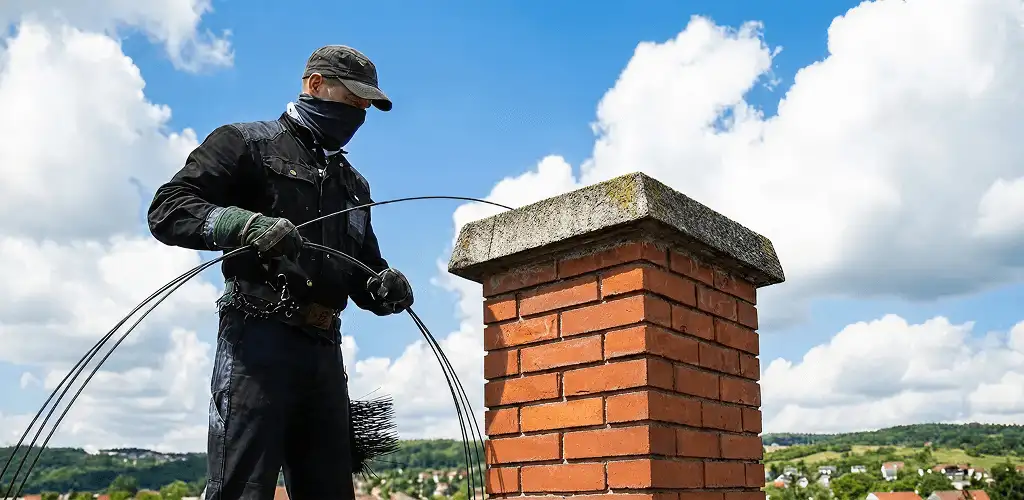 Chimney sweep cleaning a brick chimney with professional tools in Albuquerque, NM