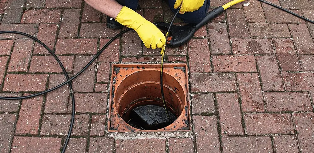 Drain cleaning technician using a drain snake to clear a clogged drain in Albuquerque, NM