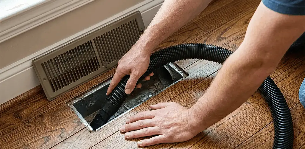 Air duct cleaning technician vacuuming a floor register and duct opening in Albuquerque, NM