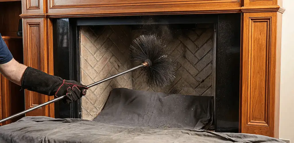 Chimney cleaning service brushing soot from a fireplace and flue in Albuquerque, NM