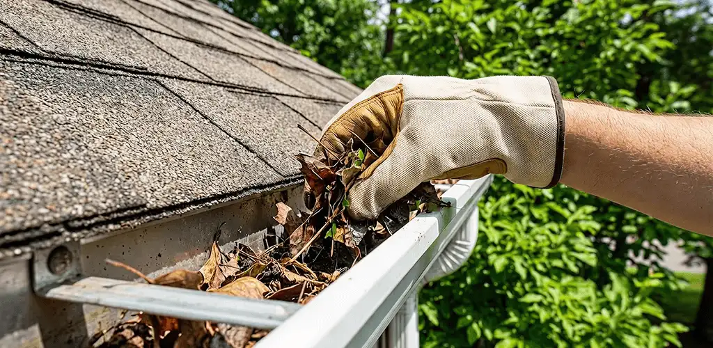 Gutter cleaning removing leaves and debris from roof gutters in Albuquerque, NM