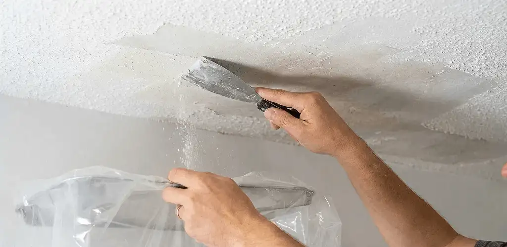 Popcorn ceiling removal technician scraping texture from a ceiling in Albuquerque, NM
