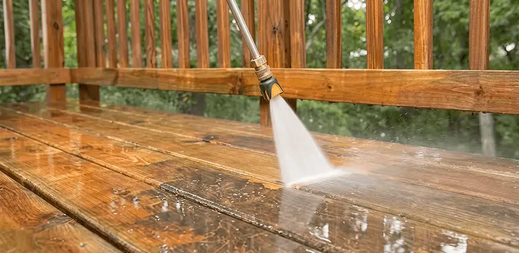 Pressure washing a wood deck to remove dirt and buildup in Albuquerque, NM