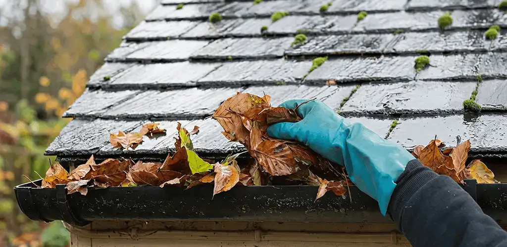 Gutter cleaning technician clearing wet leaves from roof gutters in Albuquerque, NM