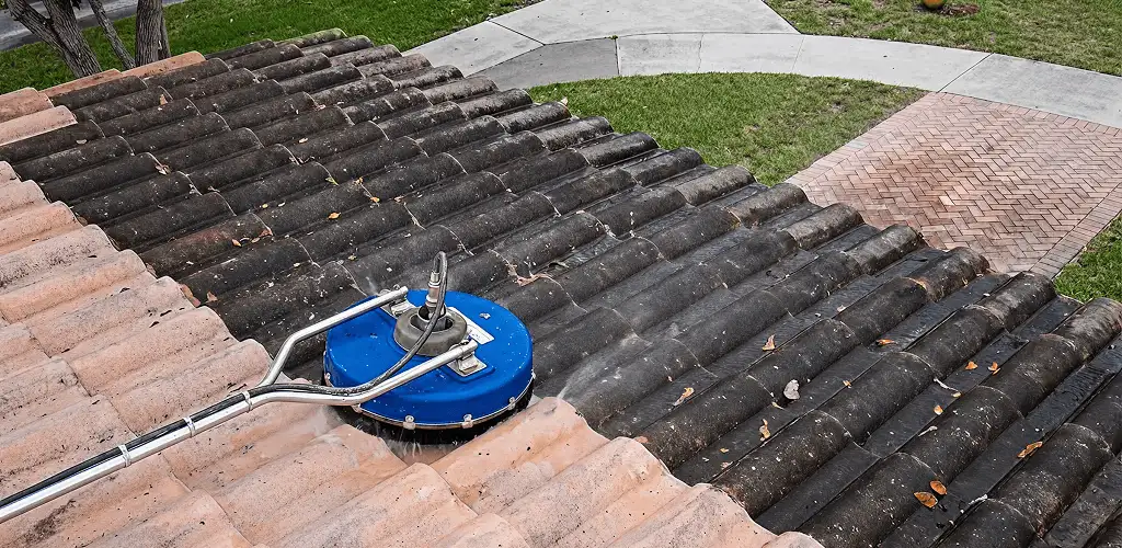 Roof pressure cleaning removing debris and buildup from roof tiles in Albuquerque, NM