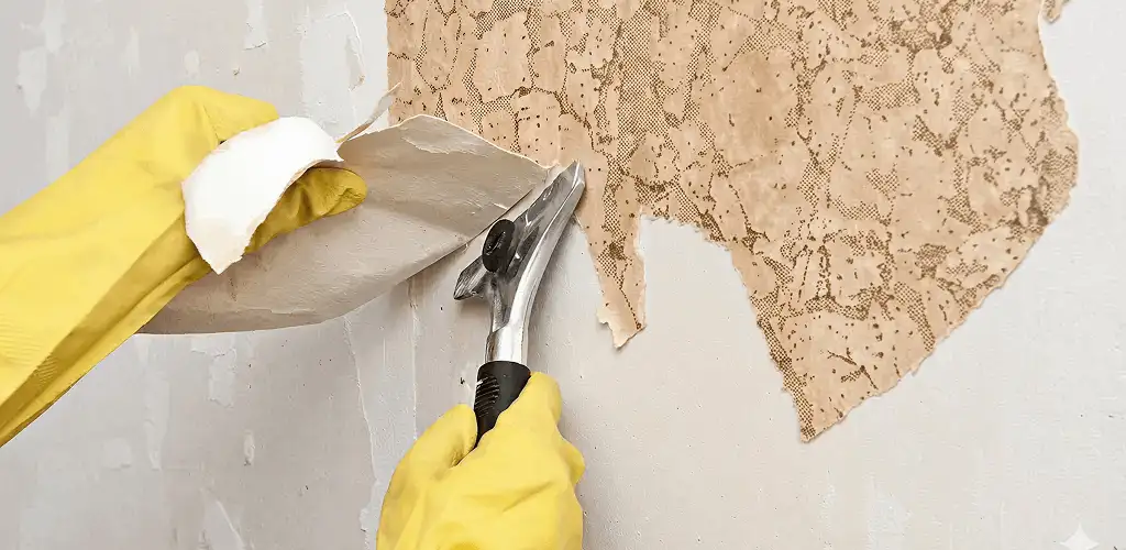 Wallpaper removal service stripping old wallpaper from a wall in Albuquerque, NM