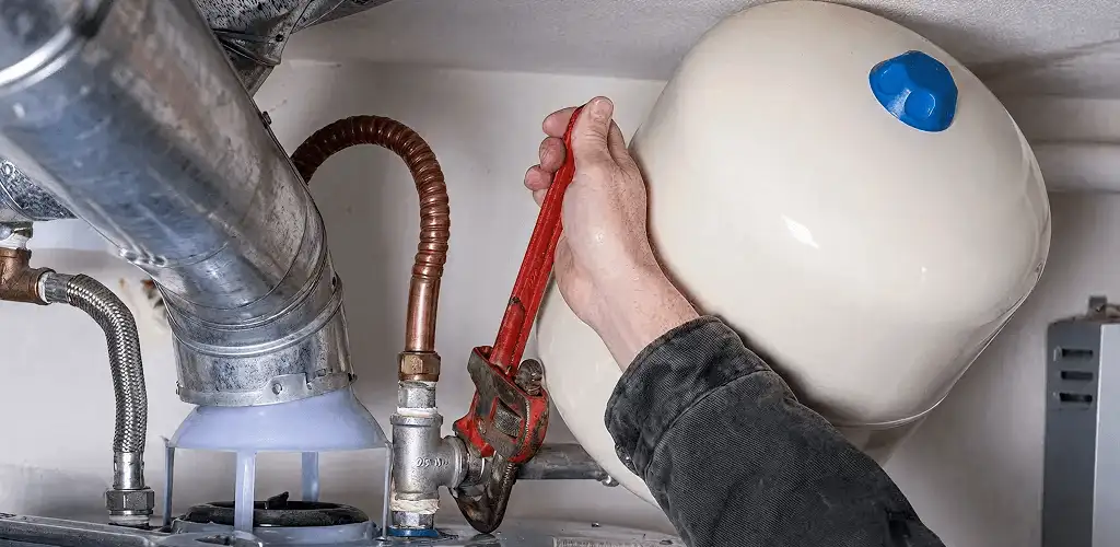 Water heater repair technician tightening plumbing connections near a tank unit in Albuquerque, NM